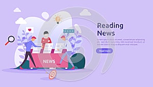 reading newspapers and online news article media on smartphone concept with people character. flat illustration template for web