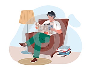 Reading newspapers. Young man is sitting in armchair and reading latest press, guy looks through daily news column