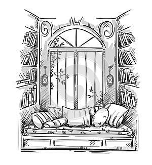 Reading nook, cozy window seat vector drawing