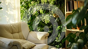 A reading nook with a living plant wall as a backdrop creating a peaceful and rejuvenating space for quiet time.