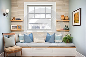 reading nook by stone wall, window seat