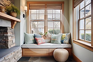 reading nook by stone wall, window seat
