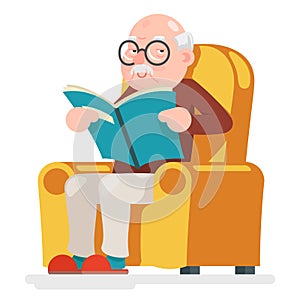 Reading Old Man Character Sit Adult Icon Cartoon Design Vector Illustration