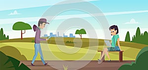 Reading in park. Boy walk on nature, girl sitting on bench with book vector illustration
