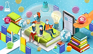 Reading people. Educational concept. Online library. Online education isometric flat design on blue background. Vector