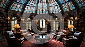 A reading room library, windows depicting scenes from literary classics