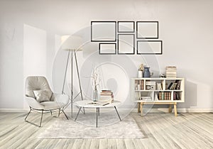 Reading room, white wall with white wooden