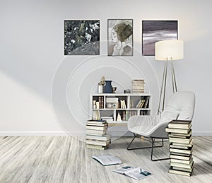 Reading room, white wall, white wooden floor with stacks of books