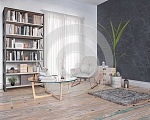 Reading room, wooden floor, books