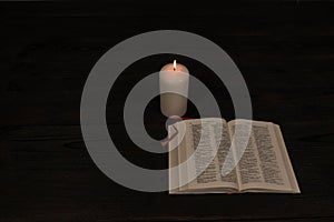 Reading the scriptures at night by the light of a candle flame.