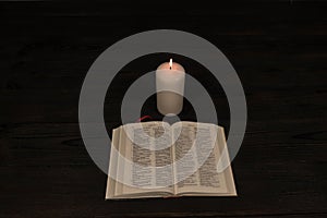 Reading the scriptures at night by the light of a candle flame.