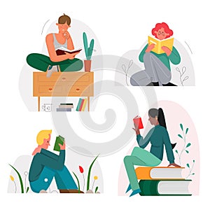 Reading sitting people with books character flat vector illustration set