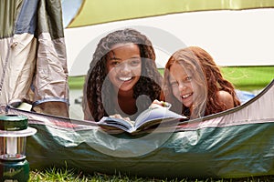 Reading, smile and children in tent on camp with a book for literature entertainment together. Happy, friends and