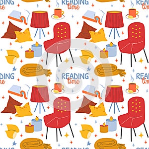 Reading time hygge seamless pattern vector illustration