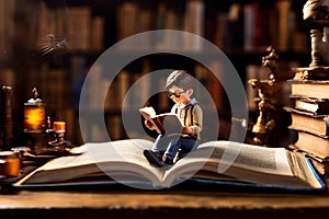 Reading Time. Miniature person reading while sitting on page of book