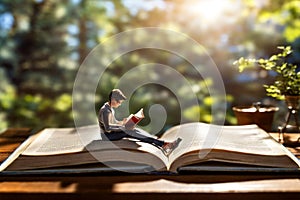 Reading Time. Miniature person reading while sitting on page of book