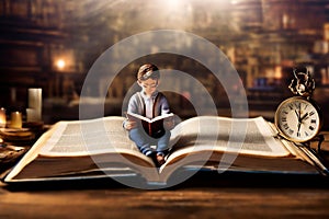 Reading Time. Miniature person reading while sitting on page of book