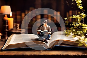 Reading Time. Miniature person reading while sitting on page of book