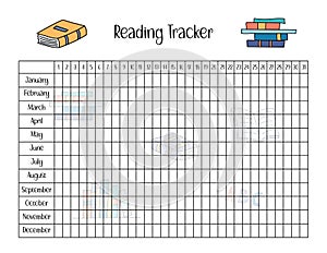 Reading Tracker template for kids. Books reading by day and month worksheet. Vector blank page with cute doodle design
