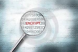 Reading the word encrypt on computer screen with a magnifying gl photo