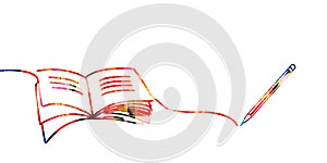 Reading, writing, knowledge, education concept. Colorful inspirational open book with pen isolated. Design for library, literature