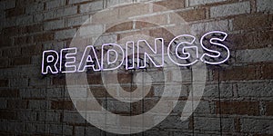 READINGS - Glowing Neon Sign on stonework wall - 3D rendered royalty free stock illustration