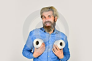 Ready for any event. toilet paper shortage in coronavirus panic. fear of pandemic outbreak closing shopping stores. man