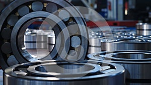 Ready bearings at industrial factory. Industry and Machinery concept. Manufacture of bearings at plant. 4k