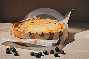 Ready cheesecake with blueberries in a baking dish in the oven. Top view