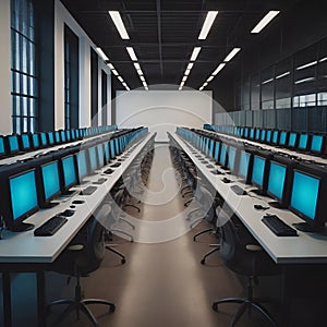 ready for class, an empty computer labs, with computer screen on