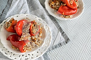 Ready for eat stuffed red peppers with minced meat, rice and vegetables