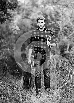 Ready for fishing. fisher hold fish net. hobby. fisherman with fishing rod. man in cowboy hat. western portrait. Vintage