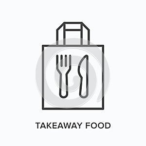 Ready food delivery line icon. Vector outline illustration of takeaway lunch service. Daily meal in papr bag with fork