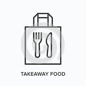 Ready food delivery line icon. Vector outline illustration of takeaway lunch service. Daily meal in papr bag with fork photo