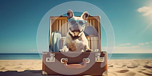 Ready for Fun French Bulldog with Sunglasses in Opened Suitcase on Beach - travel and holiday concept. Generative AI