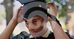 Ready, graduation cap or student on campus in university or college event to celebrate school diploma. Outdoor, graduate