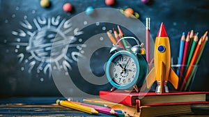 Ready for Launch: Back-to-School Alarm Clock on Book with Rocket, Colorful Pencils, and Blackboard