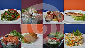 ready-made food in rotating plates on colored backgrounds. Ready meals, cafe bistro. collage, multiscreen