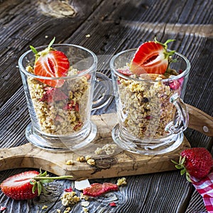 Ready-made granola with dried strawberries and almonds. Healthy breakfast cereal muesli, fresh