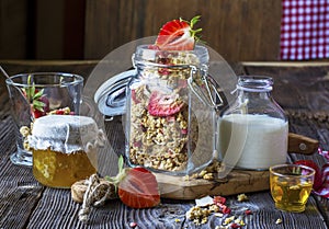 Ready-made granola with dried strawberries and almonds. Healthy breakfast cereal muesli, fresh