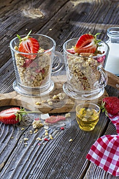 Ready-made granola with dried strawberries and almonds. Healthy breakfast cereal muesli, fresh