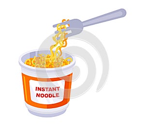 ready-made instant noodles in a plastic bowl. noodles wound on a fork.