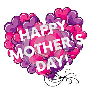 Ready-made postcard `Happy Mother`s Day` with big hearts. Vector illustration.