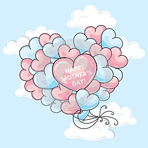 Ready-made postcard `Happy Mother`s Day` with big hearts. Vector illustration.