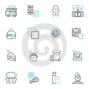 Ready meal linear icons set. Convenience, Nutrition, Flavorful, Quick, Easy, Variety, Microwaveable line vector and photo