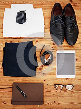 Ready for the modern business world. High angle shot of items laid out for a businessperson.
