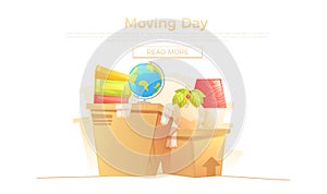 Ready move to new house banner concept. Box and furniture is rides for moving day. Vector cartoon illustration