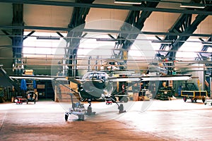 Ready for the next flight. Shot of a light aircraft in a hanger.