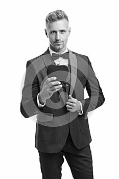 Ready for romantic date. special occasion evening. elegant confident man isolated on white. businessman formal outfit