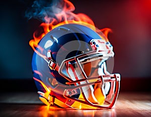 Ready, set, kick off. An American blue football helmet close up on fire